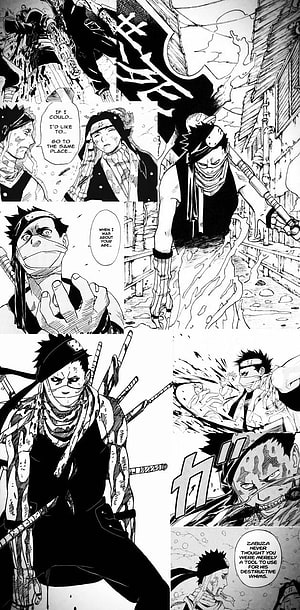 Zabuza Momochi manga panels from Naruto showing intense combat and emotional dialogue HD phone wallpaper