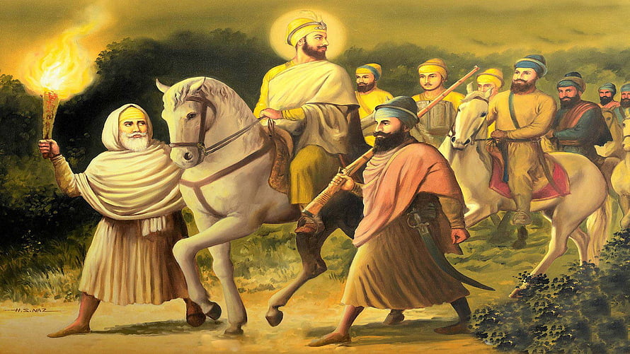 Guru Gobind Singh on White Horse with Four Sons and Torch-Bearing Elder HD wallpaper