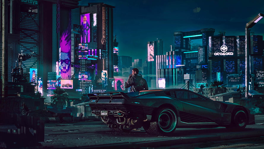 Cyberpunk 2077 Night City Rooftop Scene with Futuristic Sports Car and Neon Skyline HD wallpaper