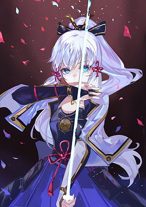 Kamisato Ayaka from Genshin Impact in a dark blue kimono holding a glowing sword with falling petals HD phone wallpaper