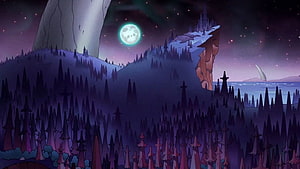 The Owl House Nighttime Forest Landscape with Glowing Moon and Starry Sky HD wallpaper