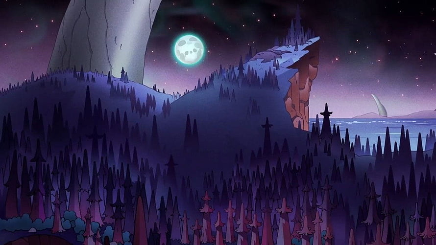 The Owl House Nighttime Forest Landscape with Glowing Moon and Starry Sky HD wallpaper