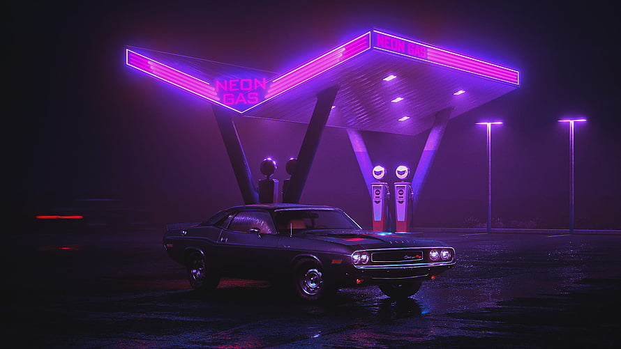 Classic muscle car parked at a neon-lit gas station under a dark night sky HD wallpaper