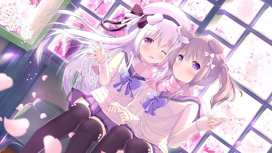 Two Anime Girls in School Uniforms Sitting by a Window with Cherry Blossoms HD wallpaper
