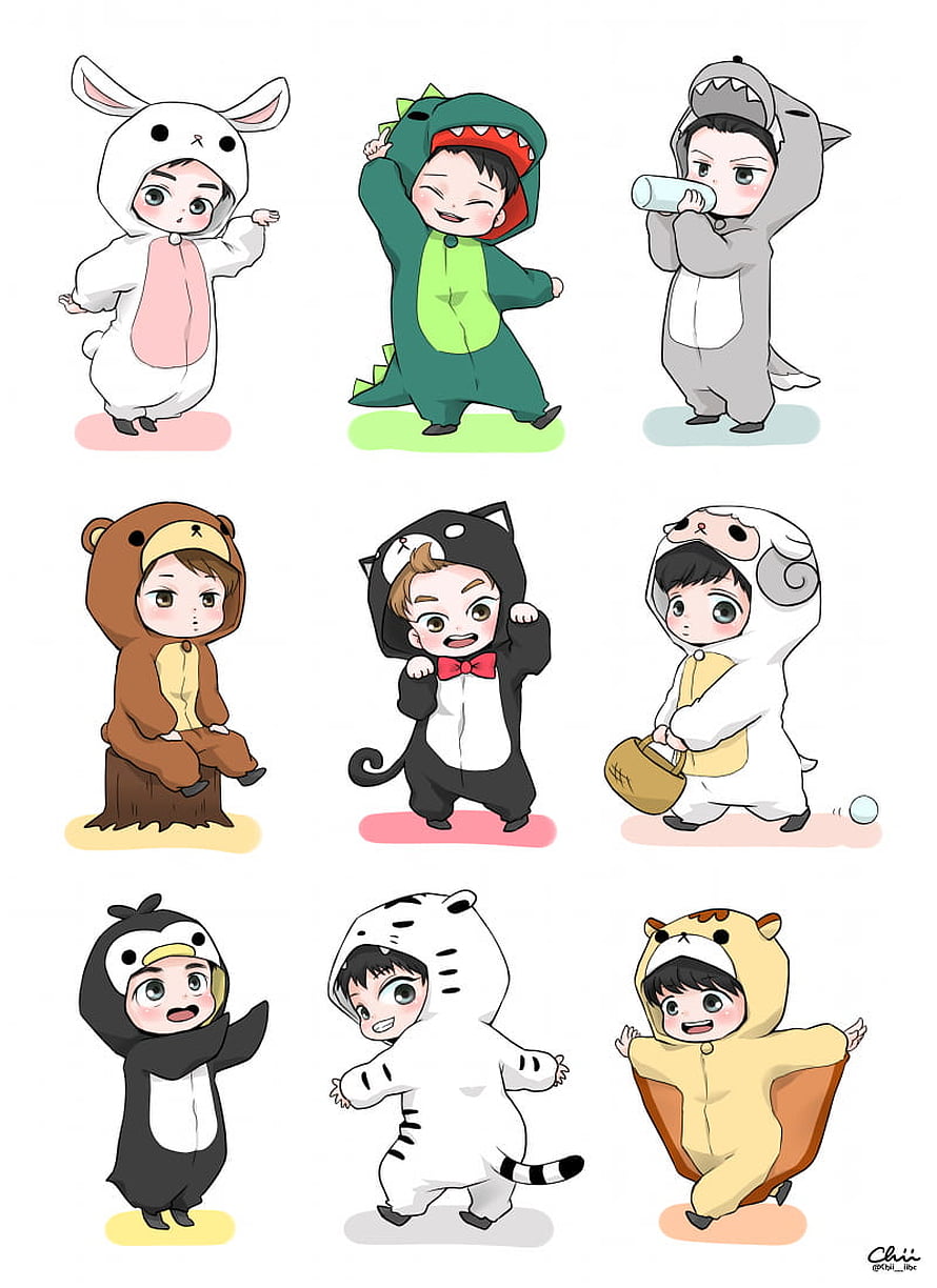 EXO Chibi Members in Cute Animal Kigurumi Costumes HD phone wallpaper