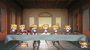 Neco Arc Pixel Art Scene with Multiple Characters at a Long Dining Table in a Rustic Hall HD wallpaper