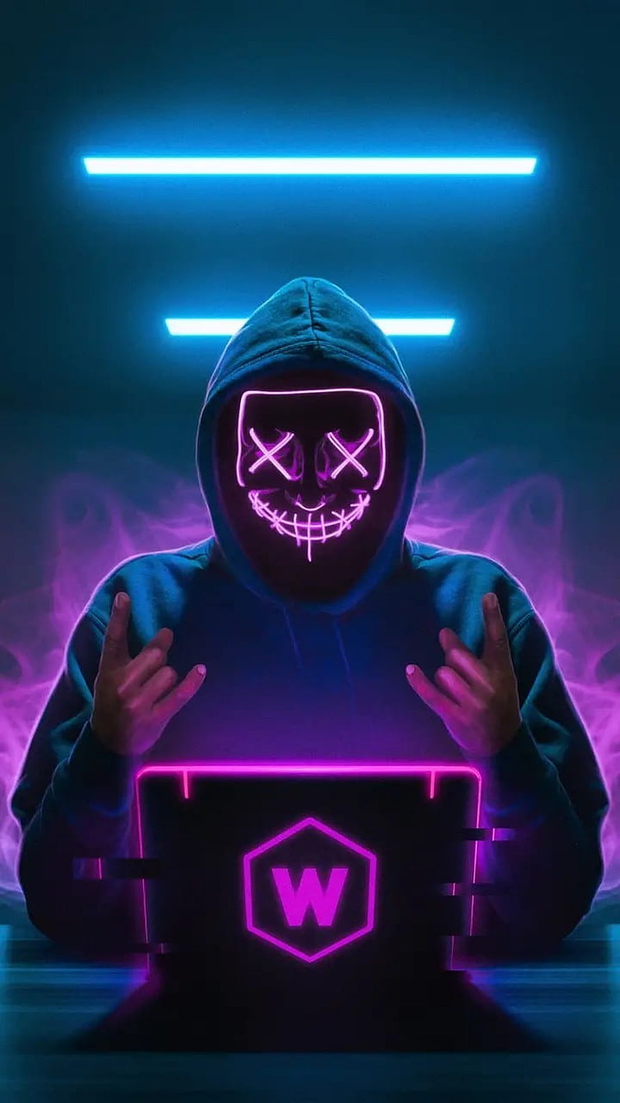 Anonymous Hacker in Neon Hoodie with Glowing Laptop and Cyberpunk Smoke HD phone wallpaper