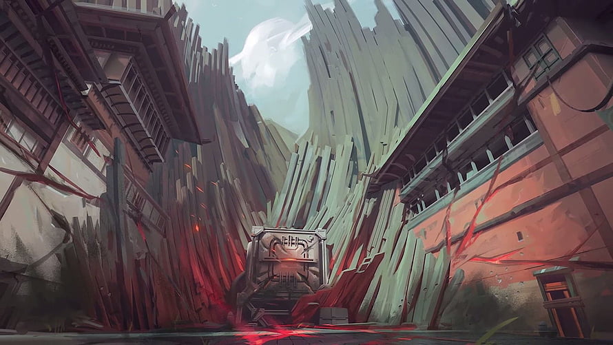 Valorant Map Concept Art Featuring a Futuristic Alleyway and Glowing Red Energy HD wallpaper