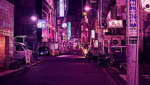 Neon-Lit Tokyo Alleyway at Night with Purple and Pink City Lights HD wallpaper