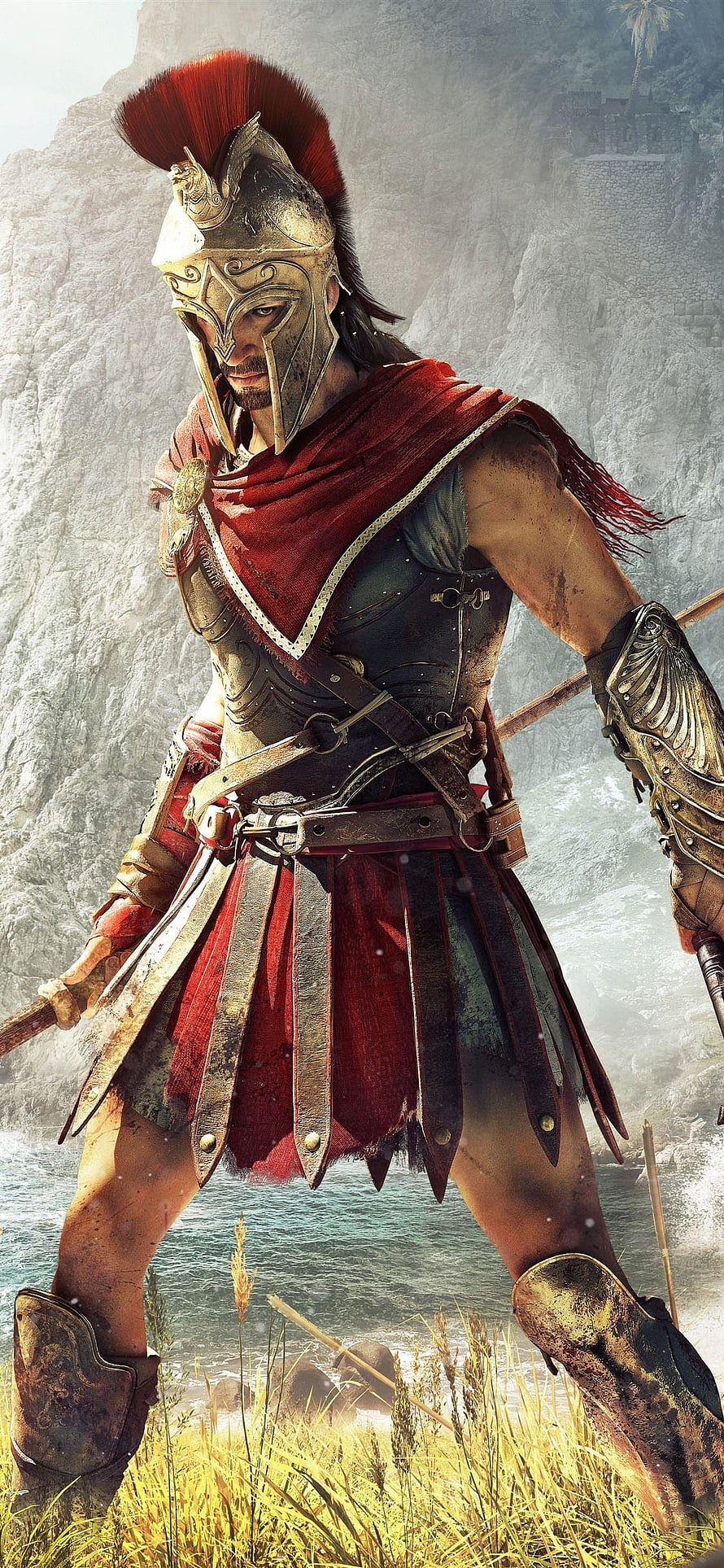 Assassin's Creed Odyssey Spartan Warrior in Golden Armor and Red Plumed Helmet HD phone wallpaper