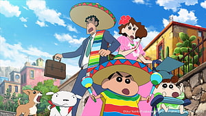 Shinchan Family in Mexican Outfits with Sombreros and Maracas HD wallpaper