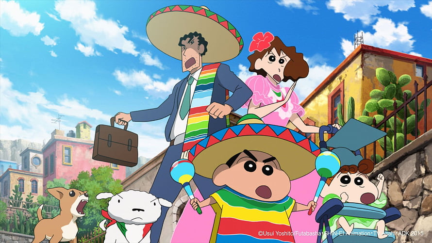 Shinchan Family in Mexican Outfits with Sombreros and Maracas HD wallpaper