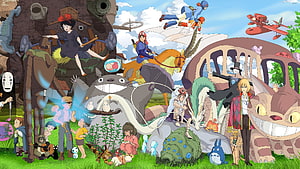 Studio Ghibli Character Collection Wallpaper Featuring Totoro, Kiki, and No-Face HD wallpaper