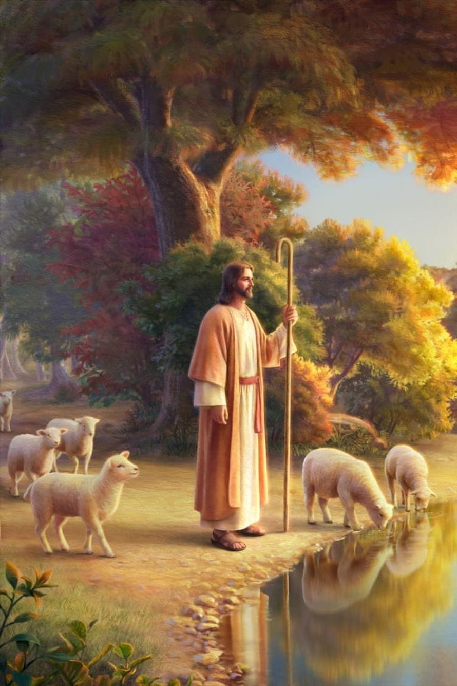 Jesus as the Good Shepherd with Lambs by a Stream in a Lush Autumn Forest HD phone wallpaper
