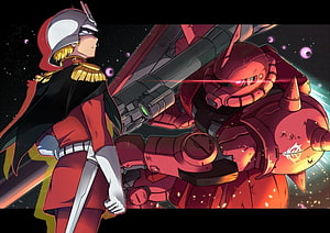 Char Aznable and his red Zaku II mobile suit in a dramatic space battle scene HD wallpaper