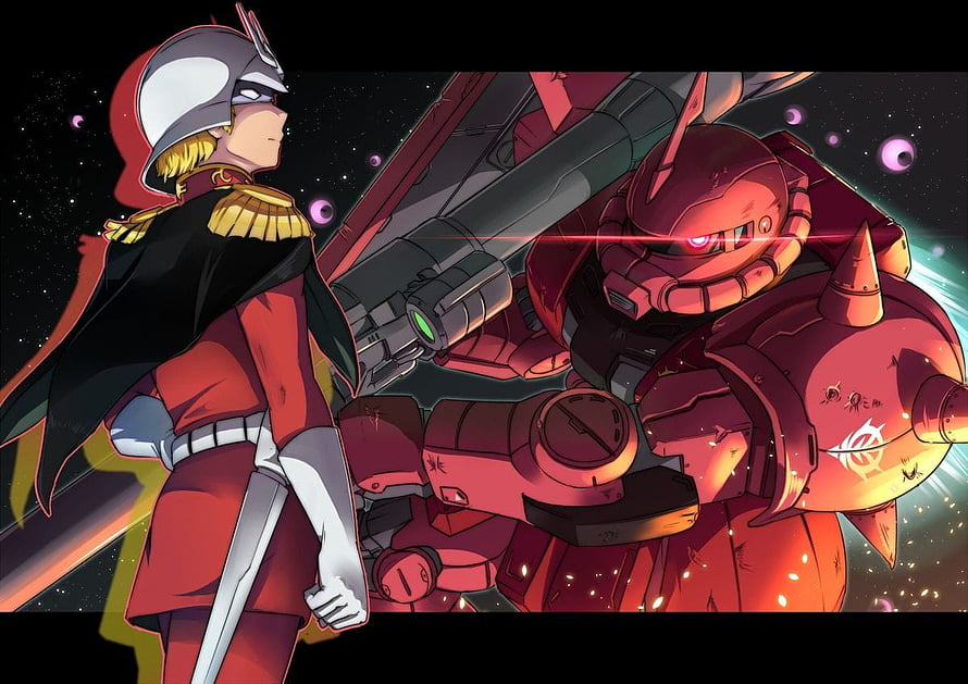 Char Aznable and his red Zaku II mobile suit in a dramatic space battle scene HD wallpaper