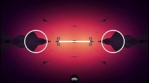 Symmetrical Abstract Artwork with Circular Frames and Birds Against a Vibrant Sunset Gradient HD wallpaper