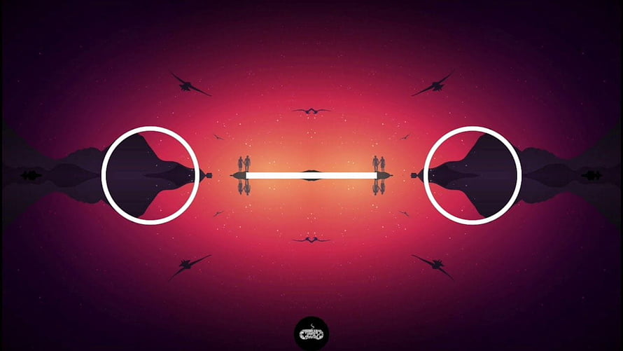 Symmetrical Abstract Artwork with Circular Frames and Birds Against a Vibrant Sunset Gradient HD wallpaper