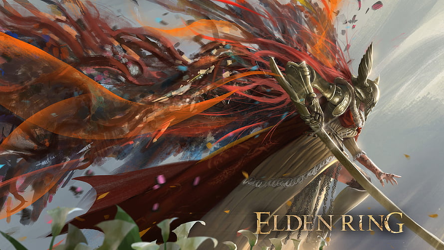 Malenia Blade of Miquella in Golden Armor with Flowing Red Cape and Tarnished Sword HD wallpaper