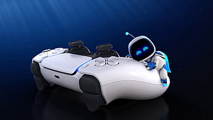 Astro Bot Character Leaning on White PlayStation 5 DualSense Controller HD wallpaper