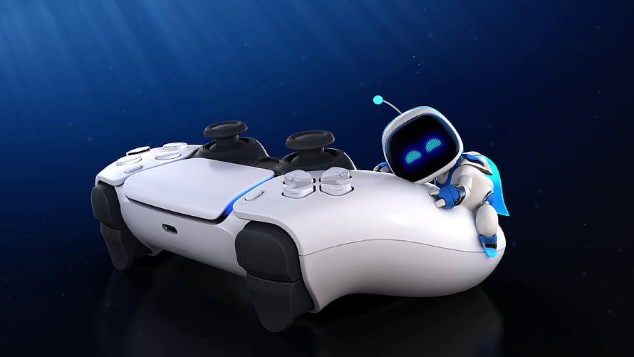 Astro Bot Character Leaning on White PlayStation 5 DualSense Controller HD wallpaper