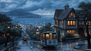 Moody Rainy Evening in a Historic Coastal Town with Vintage Cable Cars and Glowing Windows HD wallpaper