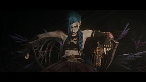Jinx from Arcane Reclining in a Dark Throne with Blue Hair and Tactical Gear HD wallpaper