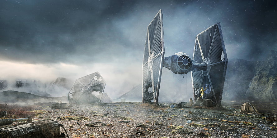Crashed TIE Fighter on a Desolate Battlefield in Star Wars Cinematic Art HD wallpaper