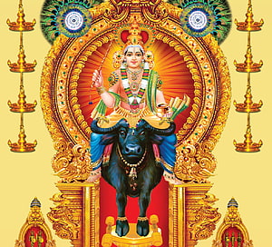 Lord Vishnumaya Seated on Nandi Bull in Ornate Golden Temple Setting HD wallpaper