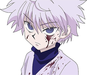 Killua Zoldyck from Hunter x Hunter with blood-stained face and white hair in anime style HD wallpaper