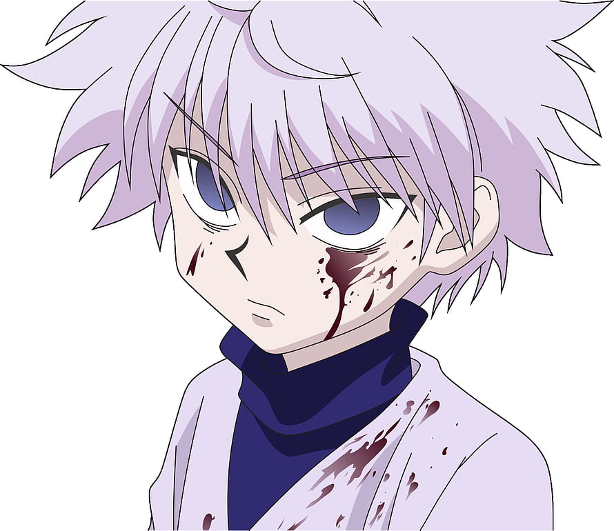 Killua Zoldyck from Hunter x Hunter with blood-stained face and white hair in anime style HD wallpaper