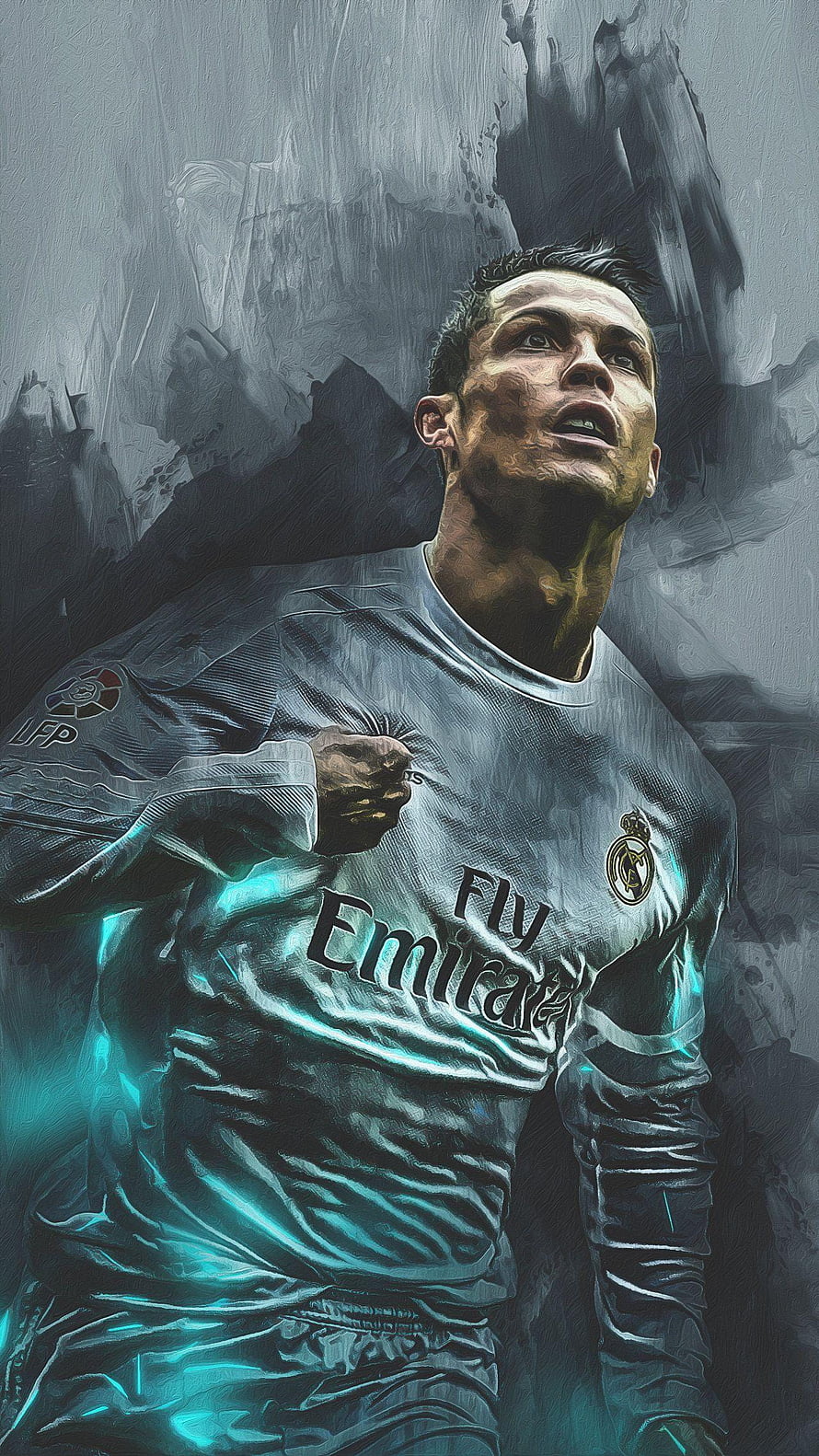 Cristiano Ronaldo Real Madrid Digital Art Portrait with Neon Cyan Accents HD phone wallpaper