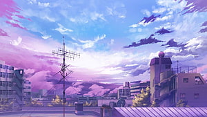 Purple and Blue Anime Cityscape with Rooftop Antennas and Dramatic Clouds HD wallpaper