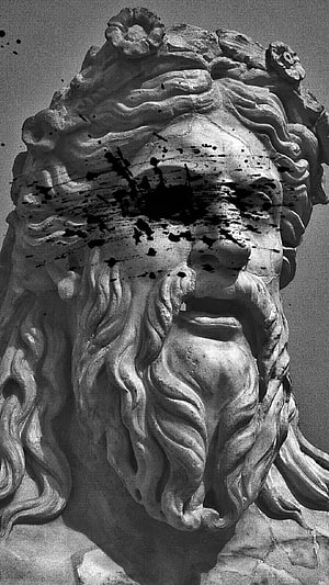 Monochrome Greek God Statue with Ink Splatter Art and Flowing Beard HD phone wallpaper