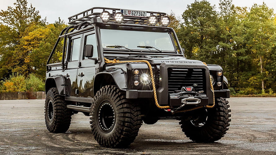 Black Land Rover Defender 110 Off-Road Pickup With Roof Rack And Bull Bar HD wallpaper