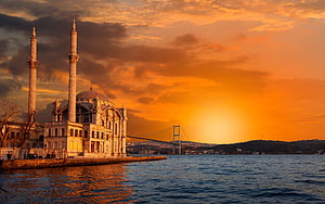 Ortakoy Mosque and Bosphorus Bridge at Golden Sunset in Istanbul Turkey HD wallpaper