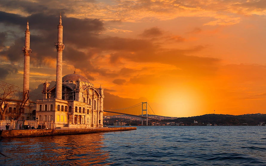 Ortakoy Mosque and Bosphorus Bridge at Golden Sunset in Istanbul Turkey HD wallpaper