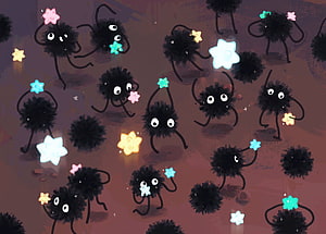Soot Sprites from Spirited Away Holding Glowing Stars in a Dark Scene HD wallpaper