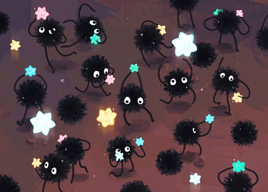 Soot Sprites from Spirited Away Holding Glowing Stars in a Dark Scene HD wallpaper