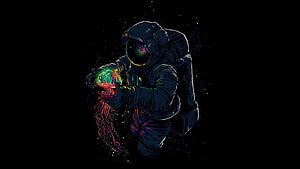 Astronaut holding a glowing jellyfish in deep space with vibrant neon colors on a black background HD wallpaper