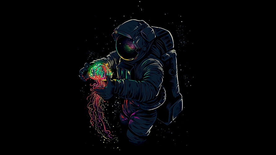 Astronaut holding a glowing jellyfish in deep space with vibrant neon colors on a black background HD wallpaper