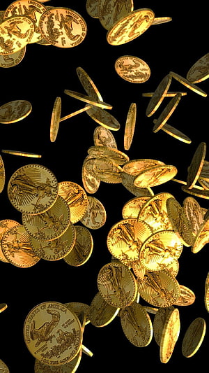 Golden American Eagle Coins Falling Against Black Background HD phone wallpaper