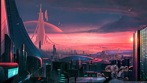 Vast Futuristic Cityscape at Dusk with Towering Spire and Glowing Pink Sky HD wallpaper