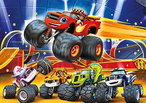 Blaze and the Monster Machines Animated Team of Colorful Trucks in Arena HD wallpaper