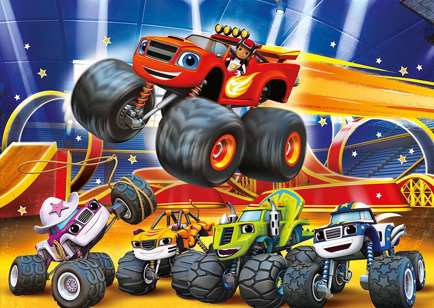 Blaze and the Monster Machines Animated Team of Colorful Trucks in Arena HD wallpaper