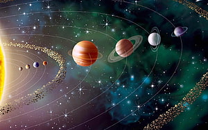 Solar System Planets Orbiting the Sun in a Vibrant Cosmic Nebula HD wallpaper