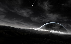 Monochrome alien planet rising over dark mountain landscape with shooting stars HD wallpaper