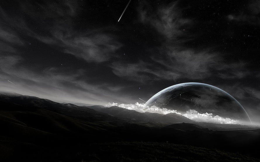 Monochrome alien planet rising over dark mountain landscape with shooting stars HD wallpaper