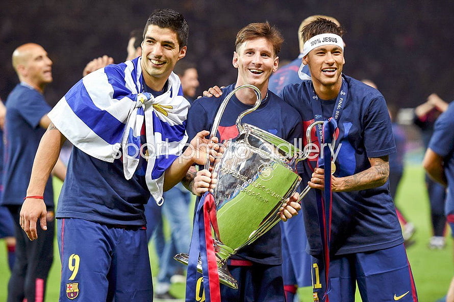 Lionel Messi, Luis Suarez, and Neymar Celebrate FC Barcelona Champions League Victory HD wallpaper