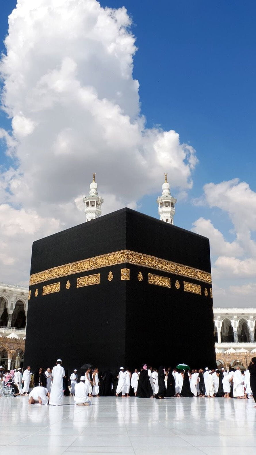 The Kaaba in Mecca with Pilgrims Performing Tawaf Under a Blue Sky HD phone wallpaper